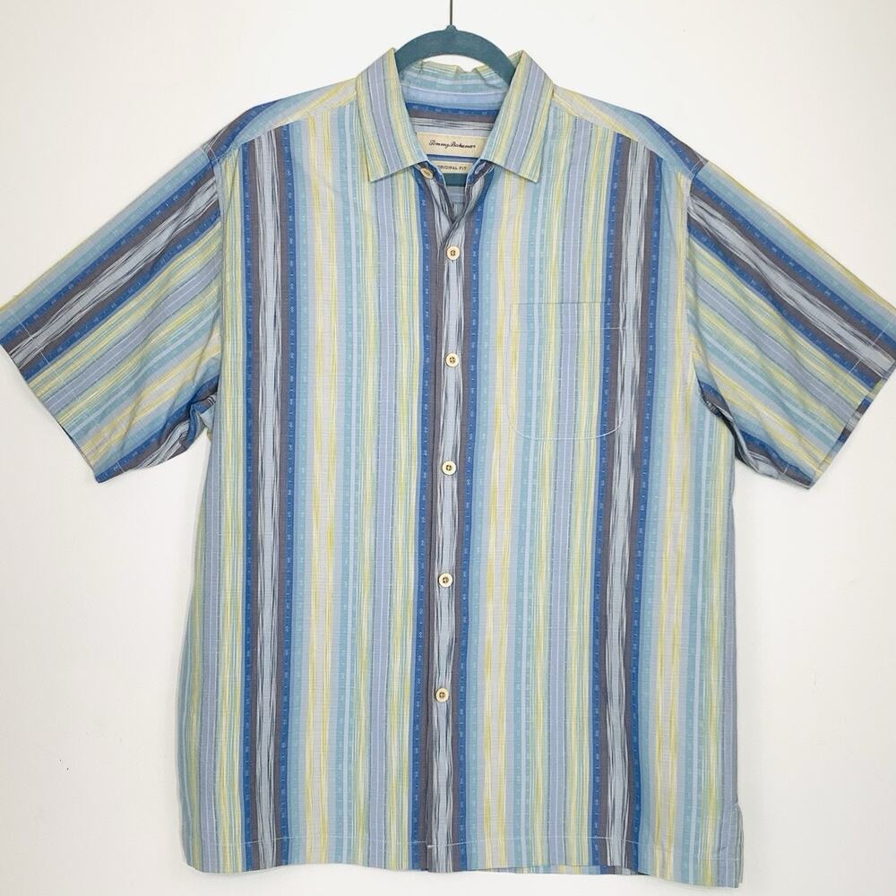TOMMY BAHAMA Silk Cotton Stripe Shirt Men M Blue Green SS Button Up Hawaiian EUC